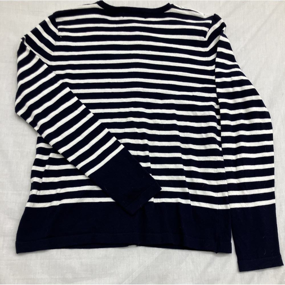 August Silk Heritage Cardigan Women L Navy Blue Striped Lace Applique Nautical - Picture 2 of 7